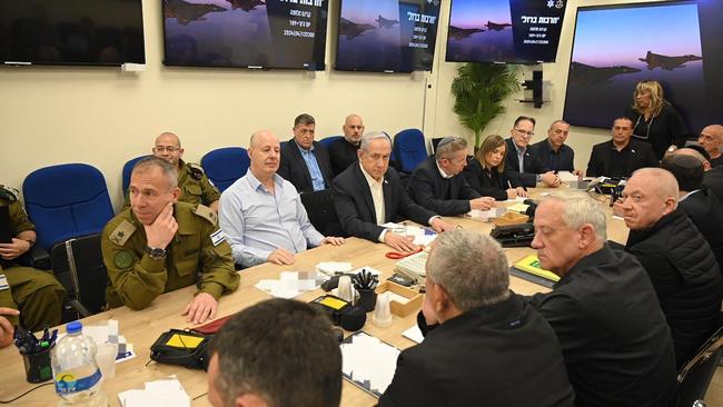 Prime Minister Benjamin Netanyahu (C) during a War Cabinet meeting at the Kirya in Tel Aviv. Picture: AFP.