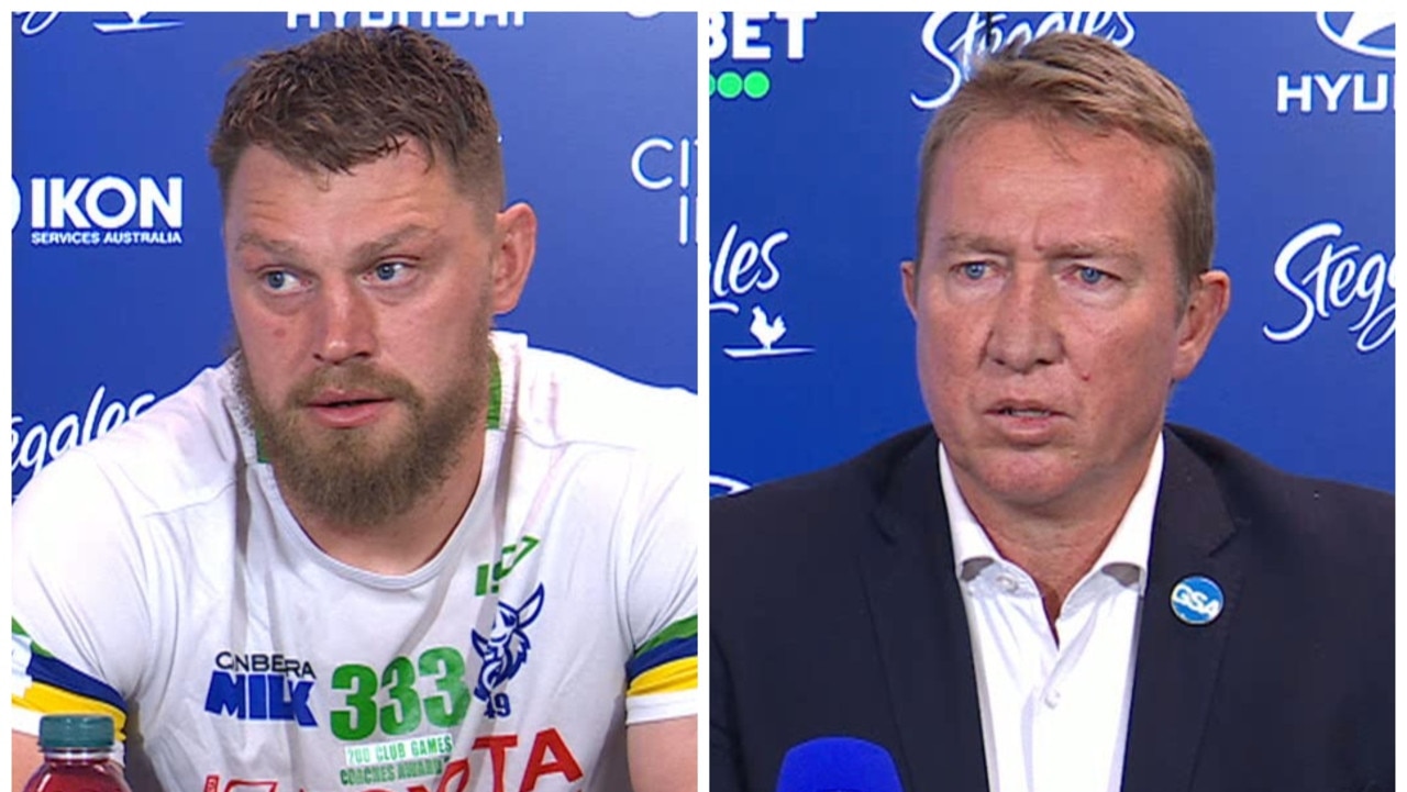 Trent Robinson vs Elliott Whitehead post-match clash, what happened, hip thrust, Brandon Smith injury, heated argument, press conference, rugby league news