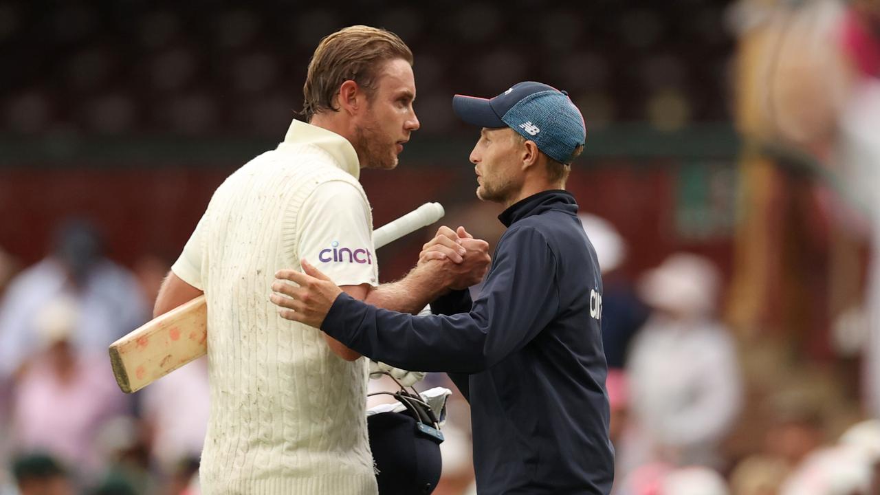 Stuart Broad and Joe Root after the fourth Ashes Test ended in a draw. Picture: Cameron Spencer/Getty Images