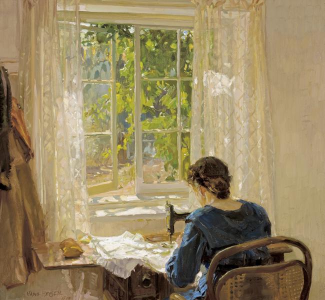 Sewing (the artist's wife), 1913, oil on canvas, by Hans Heysen.