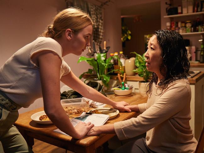 Comer as Villanelle in Killing Eve, alongside her co-star Sandra Oh as Eve.