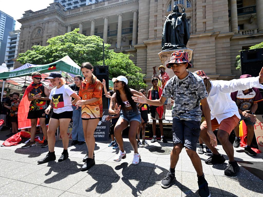 Protesters take part in an Invasion Day rally and march in Brisbane, coinciding with Australia Day. Picture: NCA Newswire / Dan Peled