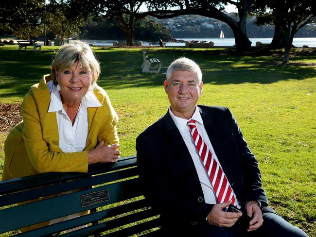 Mosman councillors Libby Moline and Roy Bendall with Cr Moline’s parents’ memorial park bench at Balmoral. Picture: Annika Enderborg