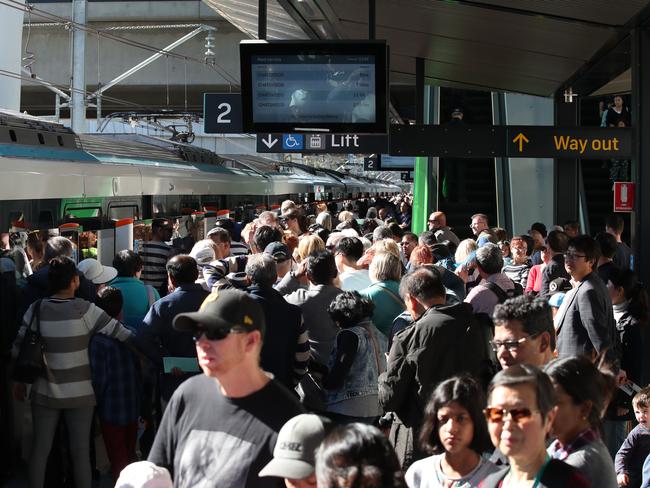 Crowds waiting to board the shiny new Sydney Metro at Tallawong Station. Picture: David Swift