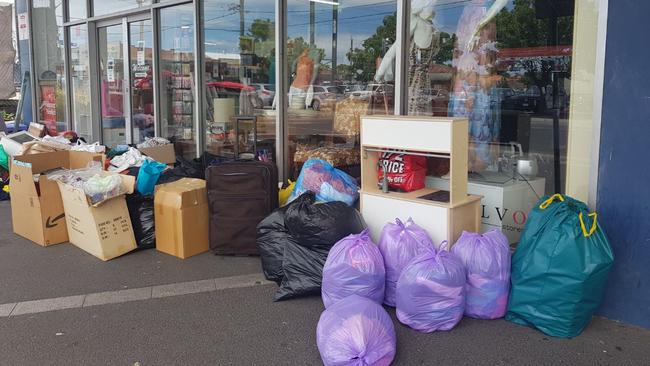 Mountains of rubbish pile up outside the Salvos shop each weekend. Picture: Anna Karakostas