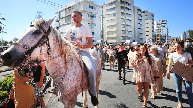 A man on horseback leads a protest over Covid-related restrictions on the NSW-Queensland border. Picture: NCA NewsWire / Scott Powick