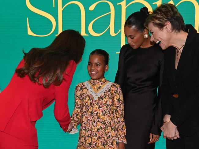 Catherine talks with Alaia Mai Humes, her mother Rochelle Humes and Kate Silverton in central London on January 30, 2023. The Princess of Wales was set to launch a campaign to raise awareness of the unique importance of early childhood. Picture: Eddie Mulholland/Pool/AFP