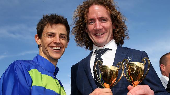 Hall with winning trainer Ciaron Maher. Picture: Colleen Petch