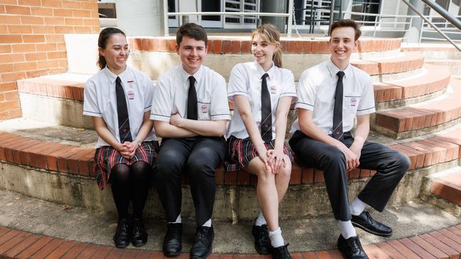 Alexia Rigoni, 17, Jared Atherton, 18, Layla Ingram, 17 and Josh Herridge, 18 after their first HSC exam. Picture: David Swift