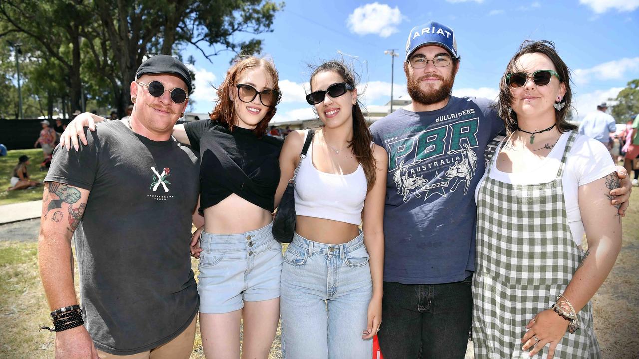 Josh Sternsdorf, Sarah McCallister, Lydia Berrairia, Caleb Duffield and Lauren Doyle at Meatstock, Toowoomba Showgrounds. Picture: Patrick Woods.