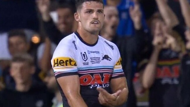 Nathan Cleary did the celebration after kicking a conversion. Pic: Fox League