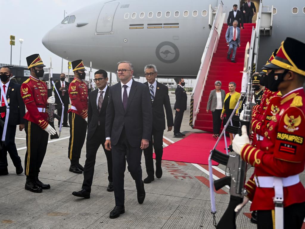 Anthony Albanese disembarks the plane on arrival in Jakarta, Indonesia, on a two-day official visit. Picture: AAP