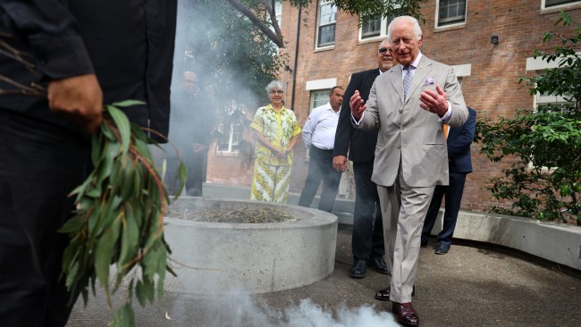 King Charles was greeted with a smoking ceremony during his visit to the National Centre for Indigenous Excellence. Picture: NewsWire / POOL / Toby Melville