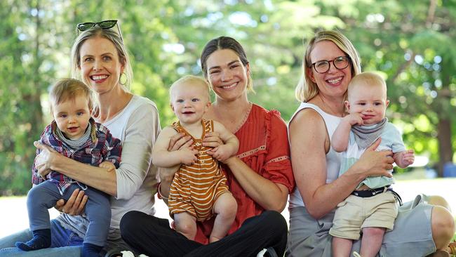 Southern Highland mums Sophie Mainprize with son Marko, Bella Doran-Jones with son Felix and Amy Montgomery with son Maverick are helping to fuel the bush baby boom. Picture: Tim Hunter.