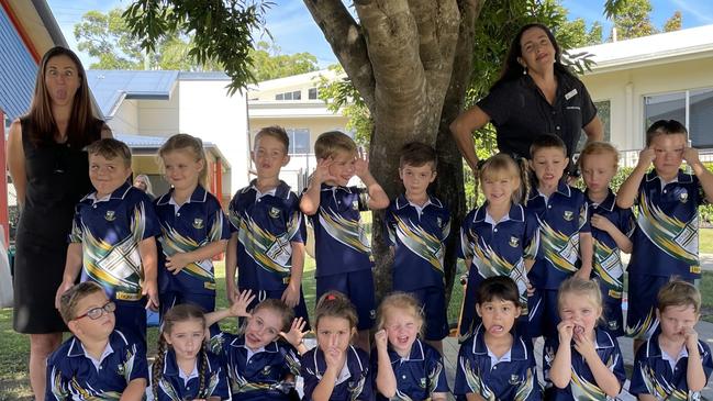 Victory College Preps 2024. (Back from left) Mrs Melissa Manaserro, William Soanes, Marni Van-Kampen, Abel Sanders, Noah McMurray, Archie Henry, Esme Bridge, Isaac Murphy, Harry Brown, Levi Assink. Mrs Cahill, (front from left) Cooper Shadbolt, Arliah Bird, Isla Quinn, Ahnika-Lee Jacobson, Fynn Mulholland, Grace Ross, Emma Macdivitt, Bodie Allan. Gympie My First Year 2024. Silly faces photo.