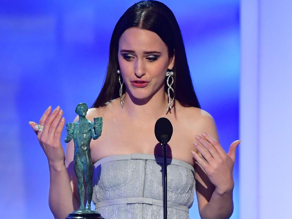 Rachel Brosnahan accepts the award for outstanding Performance by a Female Actor in a Comedy Series. Picture: AFP