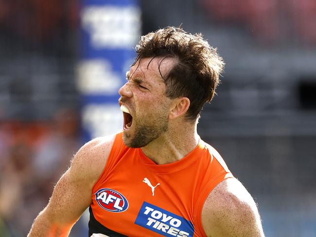 Giants Brent Daniels celebrates kicking a goal  during the AFL Round 23 match between the GWS Giants and Fremantle Dockers at Engie Stadium on August 17, 2024. Photo by Phil Hillyard(Image Supplied for Editorial Use only - **NO ON SALES** - Â©Phil Hillyard )