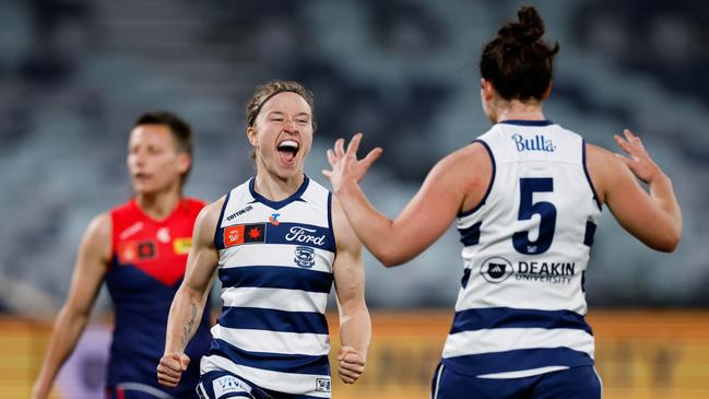 Mikayla Bowen celebrates a goal kicked by teammate Jackie Parry (right) on Saturday night. Picture: Dylan Burns/AFL Photos via Getty Images