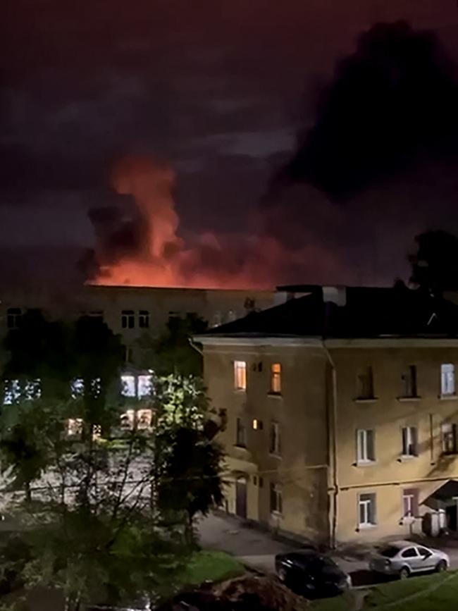 An explosion lights up the sky as the Russian military repell a drone attack on an airport in the northwestern city of Pskov. Picture: Supplied