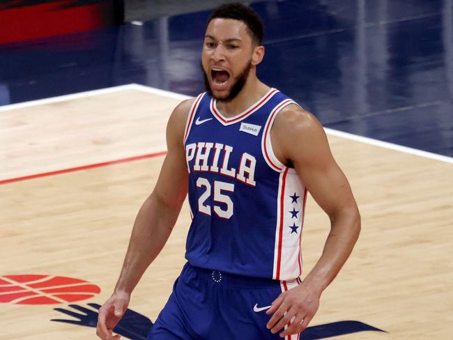 WASHINGTON, DC - MAY 29: Ben Simmons #25 of the Philadelphia 76ers celebrates after scoring against the Washington Wizards in the first half during Game Three of the Eastern Conference first round series at Capital One Arena on May 29, 2021 in Washington, DC. NOTE TO USER: User expressly acknowledges and agrees that, by downloading and or using this photograph, User is consenting to the terms and conditions of the Getty Images License Agreement.   Rob Carr/Getty Images/AFP == FOR NEWSPAPERS, INTERNET, TELCOS & TELEVISION USE ONLY ==