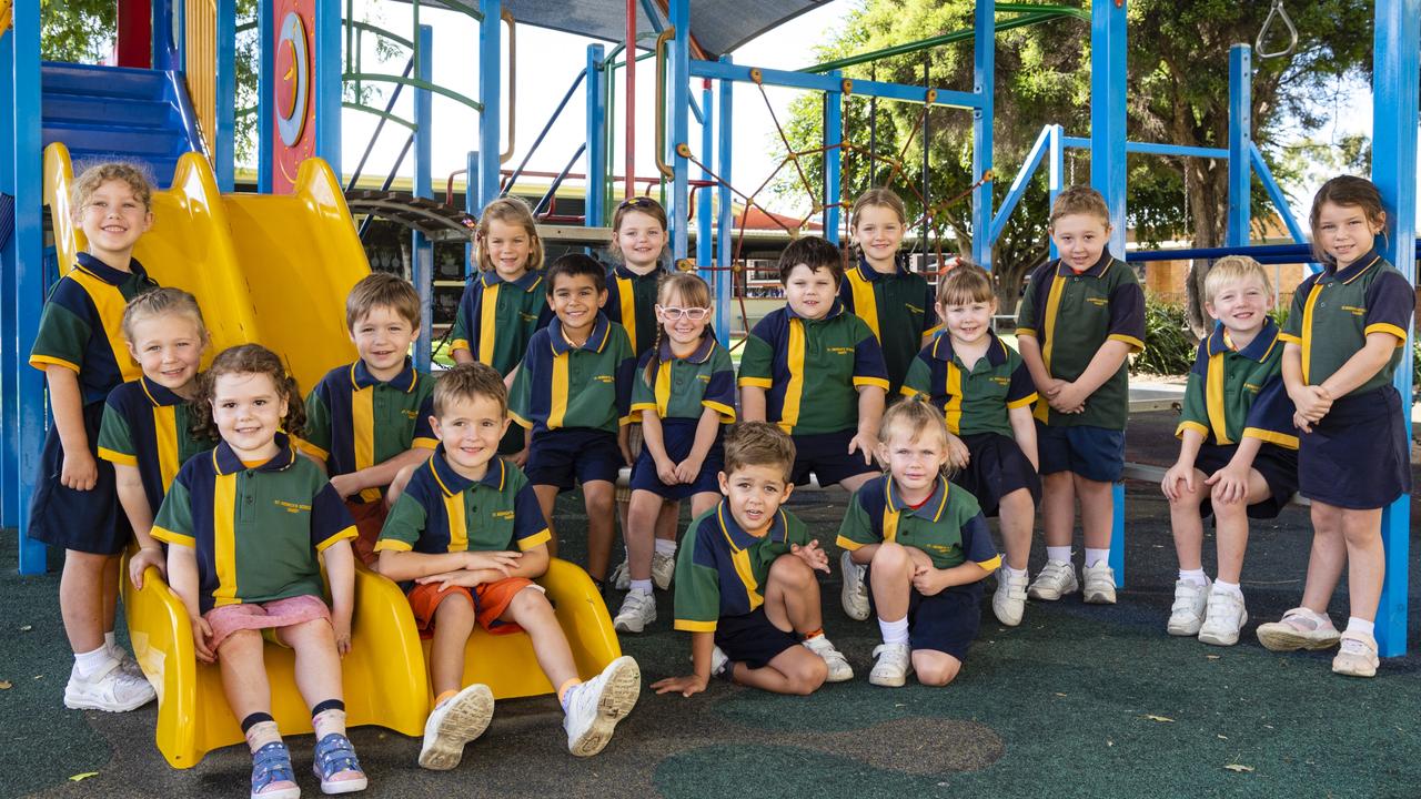My First Year 2022: St Monica's Primary School, Oakey Prep students (from left) Ella, Pippa, Eloise, David, Kian, Liberty, Jackson, Charlotte, Maddison, Mateo, Clayton, Isabella, Lilyahna, Brooklyn, Tyler, Jack and Zoe, Friday, March 18, 2022. Picture: Kevin Farmer
