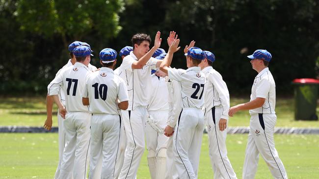 Jem Ryan celebrates with his team after getting a wicket. Picture: Tertius Pickard