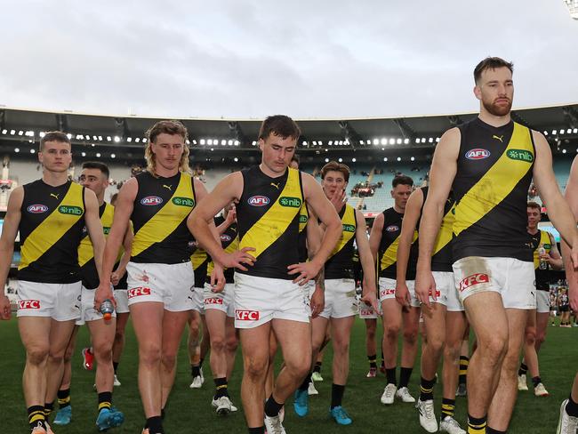 MELBOURNE, JULY 28, 2024: 2024 AFL Football - Round 20 - Collingwood Magpies V Richmond Tigers at the MCG. Richmond head off after the loss. Picture: Mark Stewart