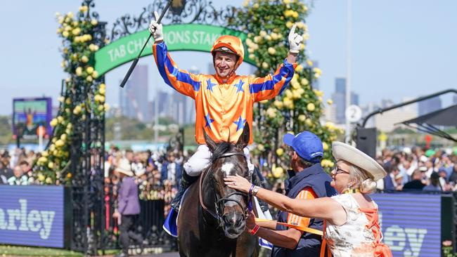 Imperatriz ridden by Opie Bosson returns to the mounting yard after winning the Champions Sprint at Flemington. Picture: Scott Barbour–Racing Photos