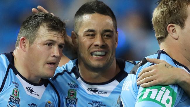 Brett Morris and Jarryd Hayne celebrate a Morris try in Origin II. Picture: Brett Costello