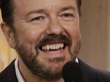 In this image released by NBC, Ricky Gervais hosts the 73rd Annual Golden Globe Awards at the Beverly Hilton Hotel in Beverly Hills, Calif., on Sunday, Jan. 10, 2016. (Paul Drinkwater/NBC via AP)