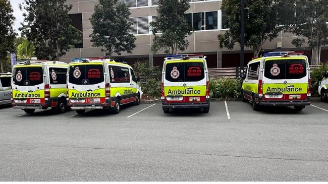 Ambulances ramped at the Gold Coast University Hospital. Photograph taken on Monday, November 27, 2023.