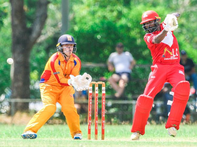 Madura Weerasinghe cuts the ball to the off side against Tracy Village. Picture: Glenn Campbell.