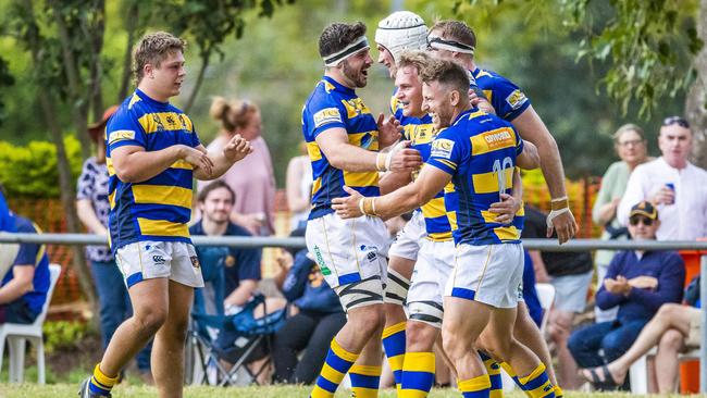 Easts celebrate the George Blomfield try in the First Grade Rugby Union game between Easts and Sunnybank at Norman Park, Saturday, September 19, 2020 - Picture: Richard Walker