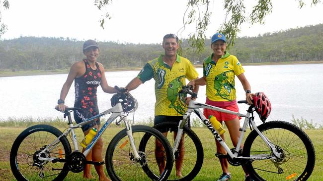 Sally Balharry, Craig McCormack and Debra Minor at Mt Morgan dam for the Try2 triathlon on Easter Sunday. Picture: Jann Houley