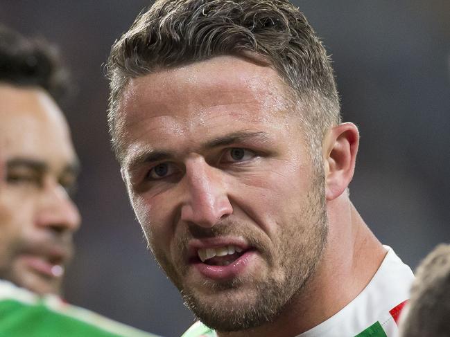 Sam Burgess of the Rabbitohs not happy during the Round 12 NRL match between the Parramatta Eels and the South Sydney Rabbitohs at Bankwest Stadium in Sydney, Friday, May 31, 2019. (AAP Image/Craig Golding) NO ARCHIVING, EDITORIAL USE ONLY