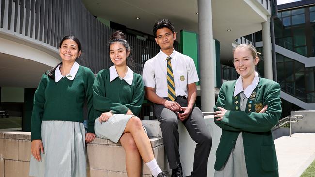 St Patrick's Marist College students Imani Cogger, Serena Biason, Enrique Milton and Bianca Garth pictured after completing the PDHPE exam. Picture: Toby Zerna