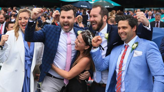 Connections of Belflyer celebrate winning race 5 The Kosciuszko. Picture: Getty Images