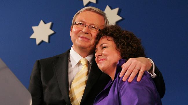 Kevin Rudd embraces his wife Therese at Suncorp Stadium in Brisbane as they celebrate victory in the 2007 federal election 10 years ago.