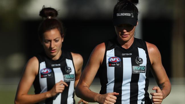 Sharni Layton trains with teammate Steph Chiocci in December. Picture: Kelly Defina/Getty Images