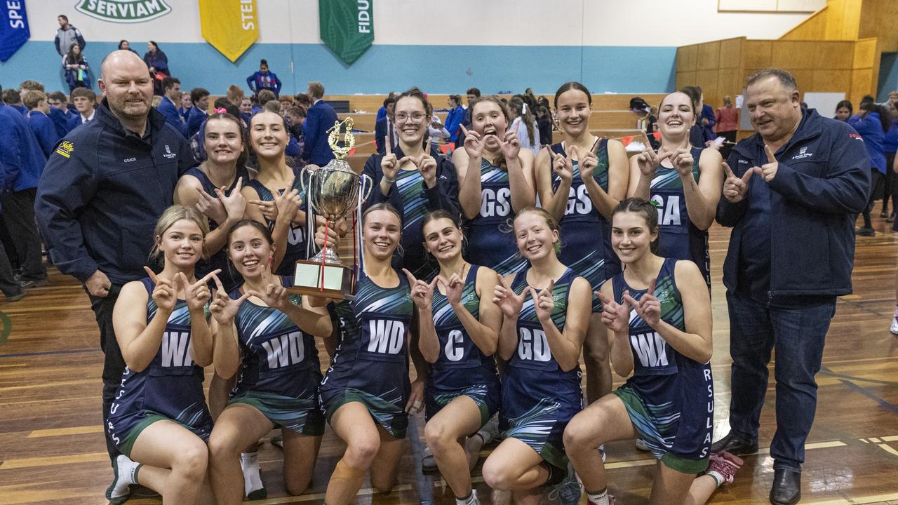 St Ursula's Senior A team lift the Merici-Chevalier Cup after defeating Downlands First VII in netball at Salo Centre, Friday, July 19, 2024. Picture: Kevin Farmer