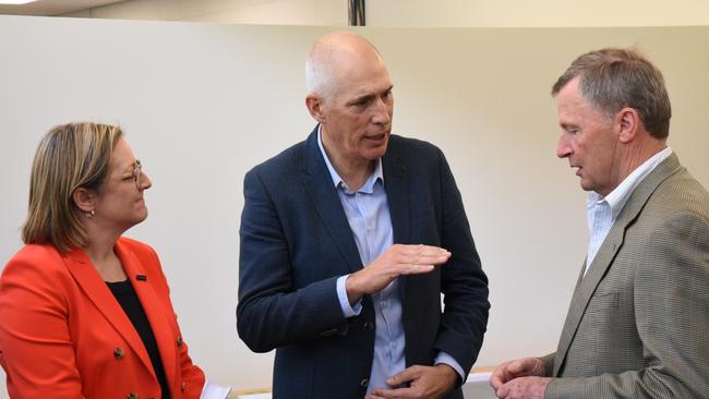 TasRex CEO Bess Clark, Energy Minister Nick Duigan MLC and grazier Roderic O'Connor at the Bell Bay Advanced Manufacturing Zone for the launch of renewables company TasRex. Picture: Alex Treacy