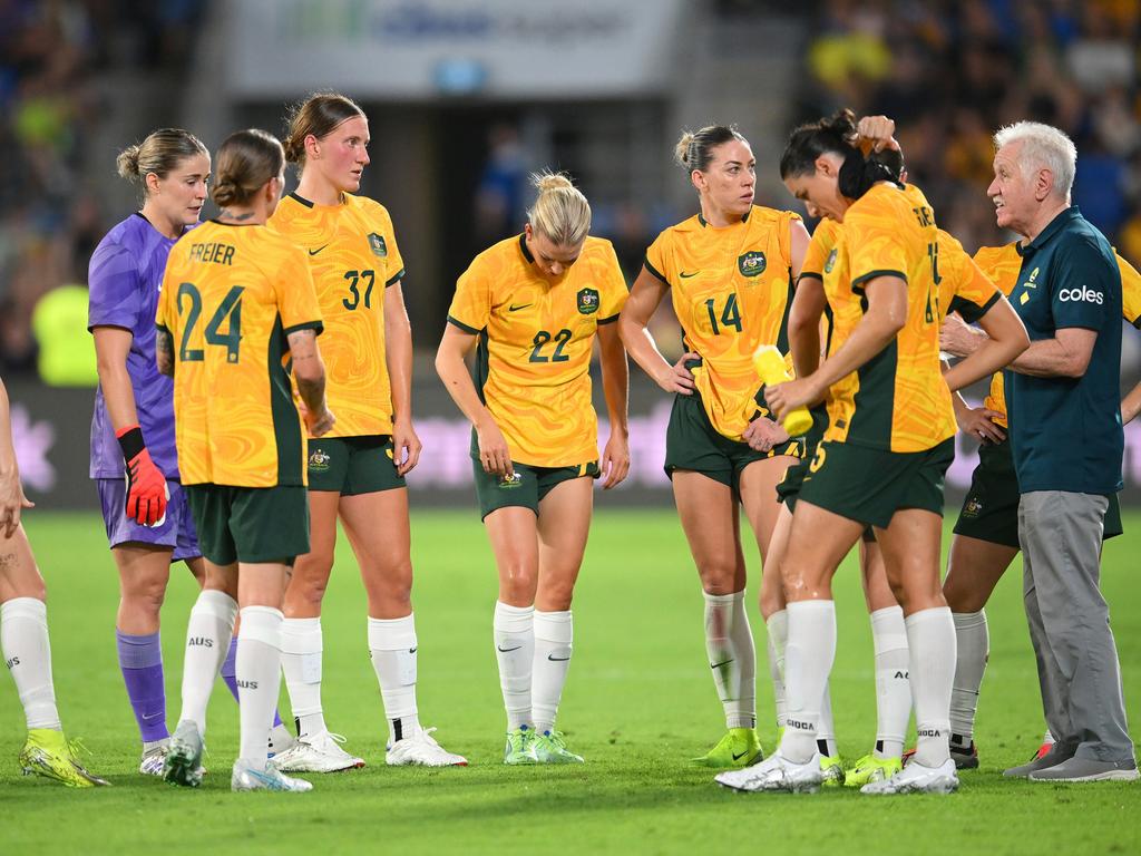 Matildas interim coach Tom Sermanni (far right) speaks to his players during Australia’s 2-1 loss to Brazil. Picture: Matt Roberts/Getty Images