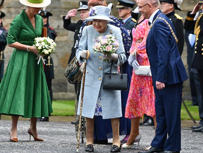 Queen Elizabeth II, Prince Edward and Sophie, Countess of Wessex during the traditional Ceremony of the Keys at Holyroodhouse in Scotland. Picture: Jeff J Mitchell/Getty Images