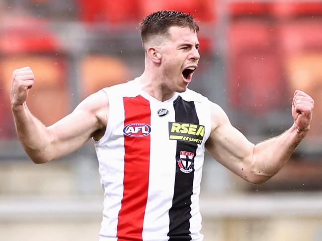 SYDNEY, AUSTRALIA - MARCH 21: Jack Higgins of the Saints celebrates kicking a goal during the round one AFL match between the GWS Giants and the St Kilda Saints at GIANTS Stadium on March 21, 2021 in Sydney, Australia. (Photo by Cameron Spencer/AFL Photos/via Getty Images)