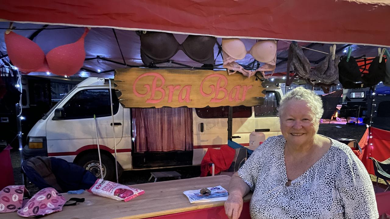 The Bra Bar has been a staple campsite for many years at the Muster and was started as a way to fundraiser for breast cancer as a number of the campers had breast cancer. Kay Phillpot is holding the fort down and has recently come out of her own struggle with the cancer. While a lot of bras are missing, she's already been adding to her collection of bras on display. Picture: Christine Schindler