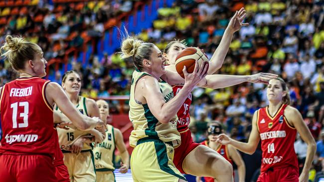 Opals veteran Lauren Jackson on the attack against Germany in the Olympic qualifier in Brazil. Picture: FIBA