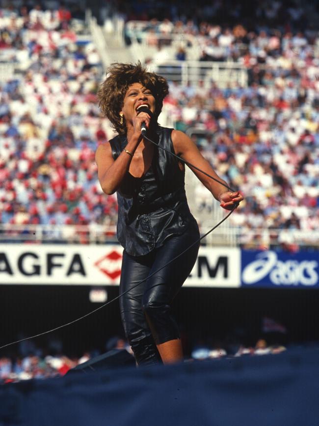 Tina Turner performs at the 1993 Grand Final. Picture: Action Photographics/NRL Images