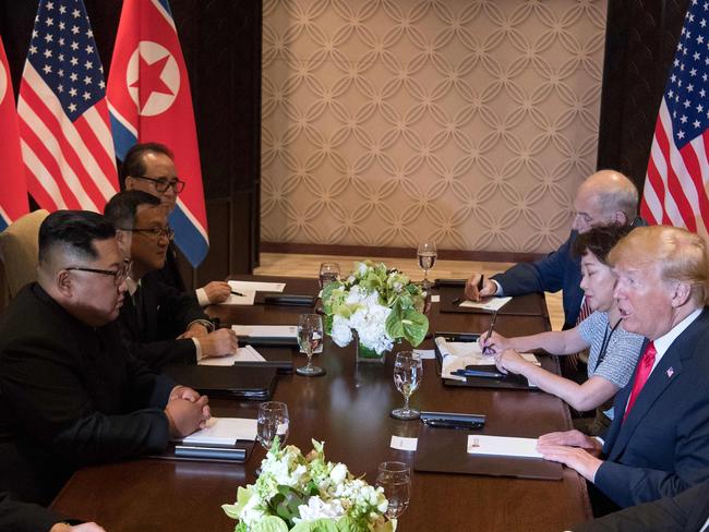 Donald Trump’s translator Dr Yun-hyang Lee sat to the right of the US President, while Kim Jong-un’s Kim Ju-song sat opposite her. Picture: AFP