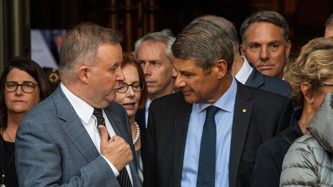 Anthony Albanese and Steve Bracks at the state memorial service for former Victorian premier John Cain last week. Picture: Jason Edwards