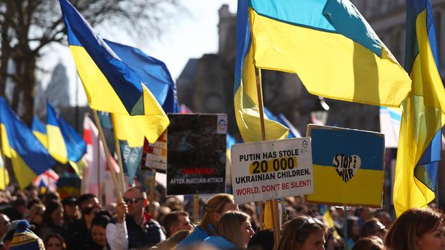 Demonstrators attend a rally in support of Ukraine opposite Downing Street as Volodymyr Zelensky meets Keir Starmer. Picture: Getty Images.